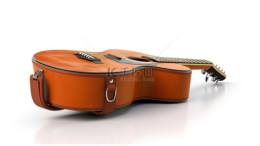 白色背景下棕色皮革原声吉他硬盒的 3D 渲染