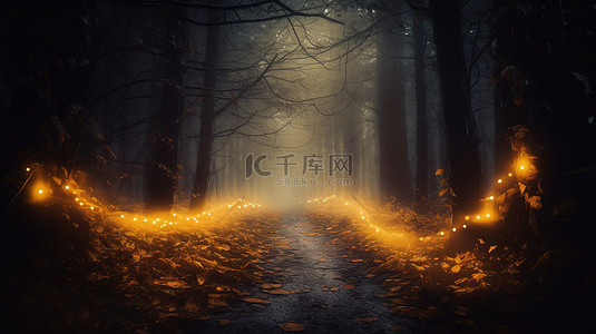 神秘的金色光芒在怪异的雾森林中的一条小路上闪烁着童话般的 3D 幻觉