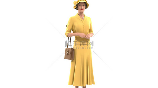 中年女背景图片_穿着复古 40 年代风格连衣裙的中年妇女，带 3D 渲染