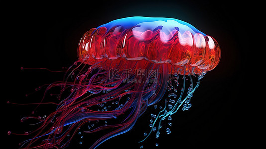抽象 3D 渲染未来水母形状的流体颗粒，红色和蓝色在波浪中流动