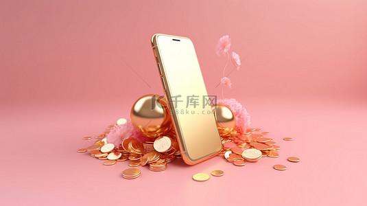 手机小程序界面背景图片_具有金色货币和粉红色背景并带有复制空间的 3d 渲染手机
