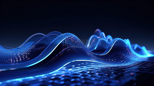 蓝色科技能源背景图片_具有抽象技术元素 3d 渲染的未来网络波蓝色背景