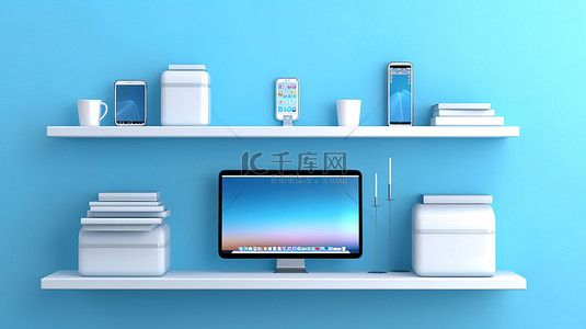 垂直蓝色墙架上数字设备笔记本电脑手机和平板电脑的 3D 插图