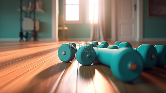 呆在家里健身瑜伽垫和哑铃的 3D 插图，用于运动概念