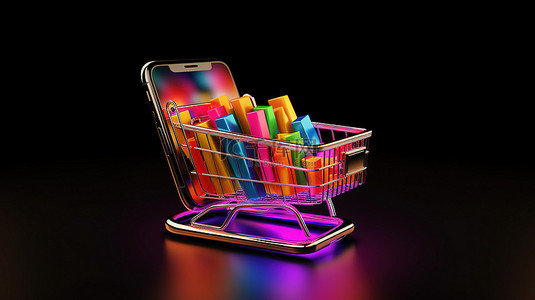 支持七天退换背景图片_智能手机支持的购物车在线购物的 3D 概念渲染