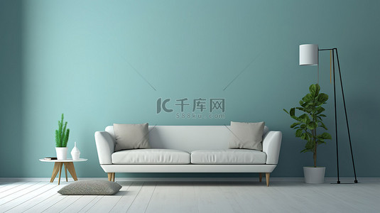 现代休息室白色沙发与您真正的书籍封面上的简约蓝色墙壁 3D 渲染形成鲜明对比