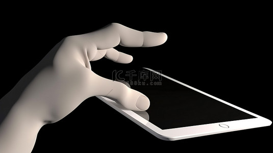 手掌的手势背景图片_3D 卡通手纵向握住平板电脑，另一只手按屏幕中心