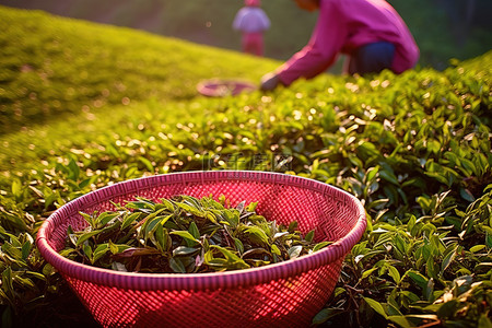 红万神殿，篮子里装着红茶叶，工人们用篮子照料茶叶