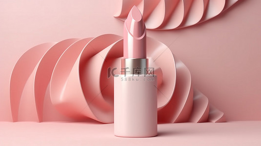 美容红背景图片_令人惊叹的美容设计模板的 3D 插图，其中包括奶油唇膏和腮红等化妆品