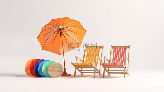 白色背景 3D 渲染海滩必需品木板伞椅和救生圈