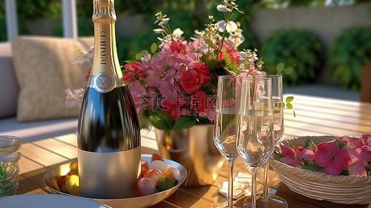 优雅的餐桌布置，配有香槟杯和 3D 渲染的花束