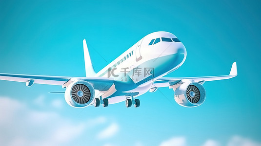 航空旅行概念 3D 渲染飞机穿过柔和的蓝色云景