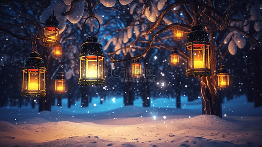 发光的灯光雪圣诞树的 3D 渲染，挂着灯笼