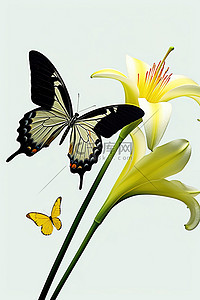 白百合背景图片_一只蝴蝶在白百合和其他花上飞行