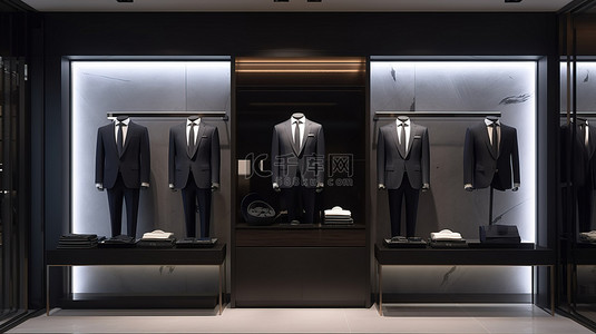 精品店背景图片_商场店面 3D 渲染展示男士西装衬衫和连衣裙