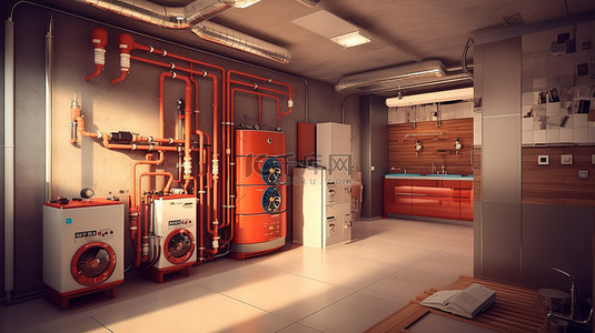 带地下室锅炉系统的家庭内部 3D 插图