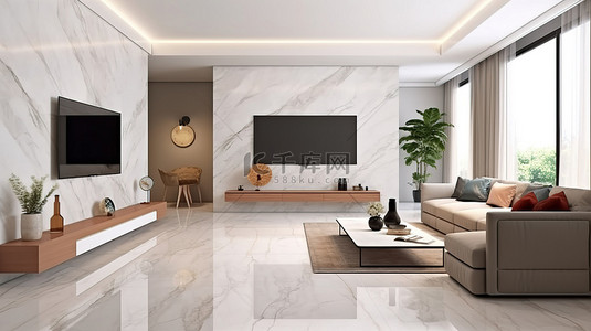 现代简约客厅配有墙壁 d Cor 电视柜木质和白色大理石装饰以及时尚的沙发套装 3D 渲染