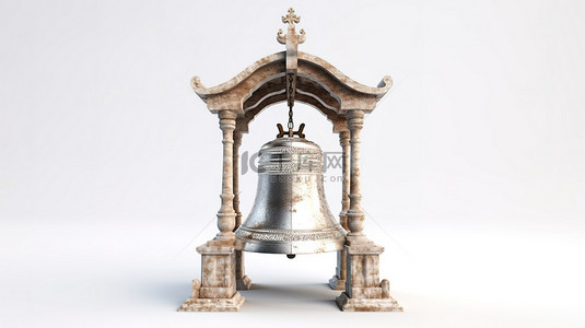 大白色背景图片_白色背景下古修道院中支撑大银钟的木梁的 3D 渲染