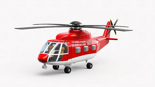 白色背景上隔离的小型红色军用运输直升机的 3D 插图，准备起飞