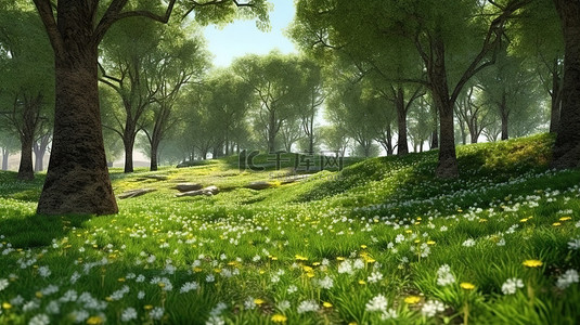青翠的背景图片_空地上雄伟的树木和郁郁葱葱的绿色植物青翠的森林景观的 3D 插图