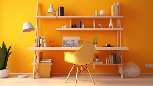 现代客厅工作空间，配有黄色和棕色书桌和椅子套装 3D 渲染图像