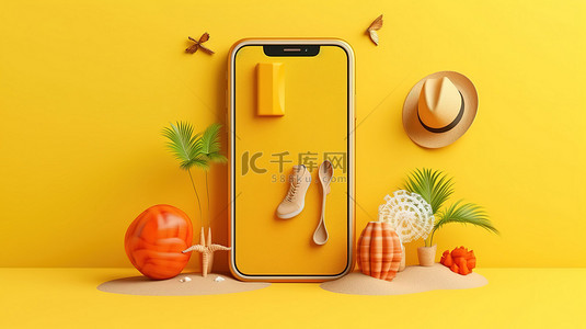 亮黄色背景 3D 渲染中夏季海滩必需品中的手机