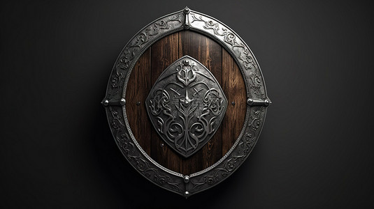 中世纪 3D 渲染的黑白木盾