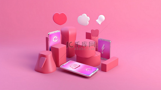 社交媒体用户个人资料，包含朋友列表和聊天框，以粉红色背景进行 3D 渲染
