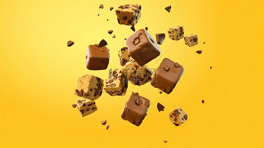 动态 3D 插图中悬浮在充满活力的黄色背景上的旋转巧克力块