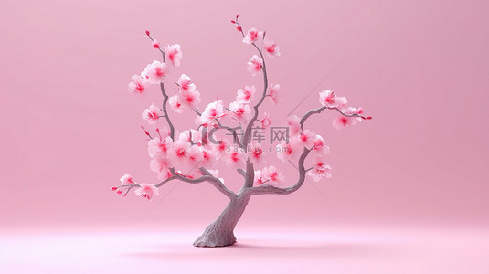 花枝桃花背景图片_优雅的日本樱花枝，简约风格，粉红色背景，令人惊叹的 3D 渲染插图