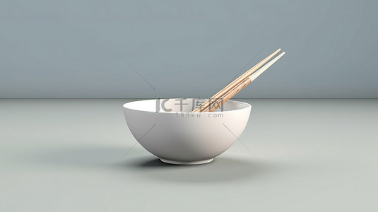 悬在空中的白色碗和筷子的 3d 渲染