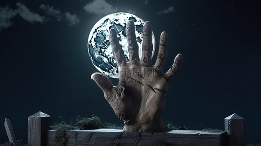 恐怖的血背景图片_在闹鬼的墓地里，在月光下的夜空下，一只僵尸手带着一块木牌从地上冒出来的残忍的 3d 渲染