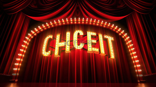 红色剧院窗帘设置与 3D 渲染音乐会灯泡刻字