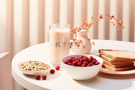 谷物牛奶背景图片_蔓越莓麦片吐司和牛奶放在桌子上