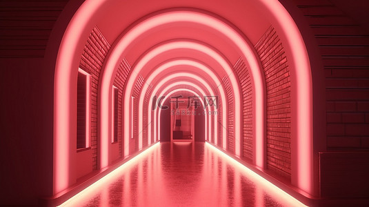 夜市led灯背景图片_沉浸式弧形节奏走廊，粉红色调，由 led 条形灯 3d 渲染