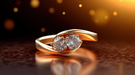 抛光表面上两个镶有钻石的金戒指的闪闪发光的 3D 渲染