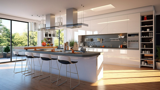 岛台背景图片_现代厨房的 3D 渲染，配有岛台和带吧凳的内置电器