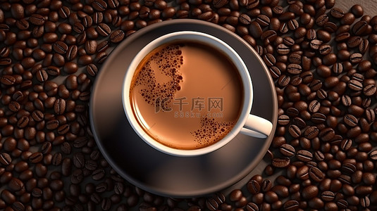 一个充满浓郁咖啡的杯子和 3D 渲染咖啡豆的背景