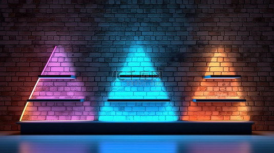 砖墙背景下霓虹灯照明的空产品摊位的 3D 渲染