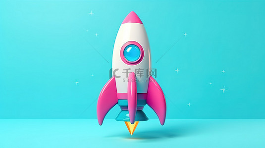 太空卡通背景蓝色背景图片_卡通火箭的简单 3D 渲染，以简约风格呈现柔和的蓝色背景