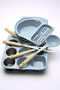matlab lb521 烘焙套装不锈钢多色 12 杯松饼锅喷嘴抹刀和擀面杖全新