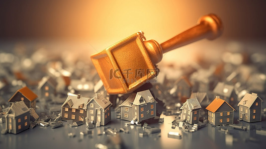 3D 插图描绘了一个金属锤子悬停在一个社区上空，象征着房地产市场崩溃的影响