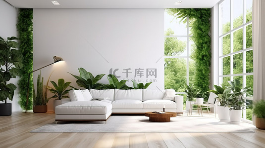 白色沙发和绿色植物装饰的客厅的时尚精致的 3D 渲染