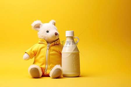 黄色背景中的一件婴儿填充物和一个瓶子