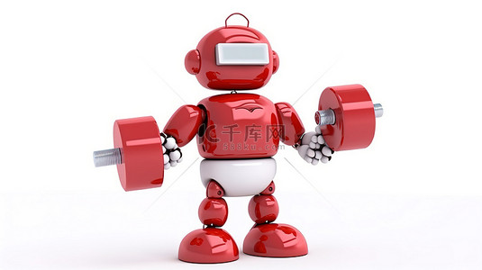 可爱的机器人健身教练，具有 3D 渲染和白色背景的红色哑铃