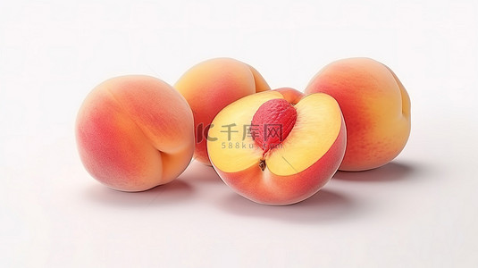 新鲜桃果和切片的 3D 渲染，白色背景上隔离的石头