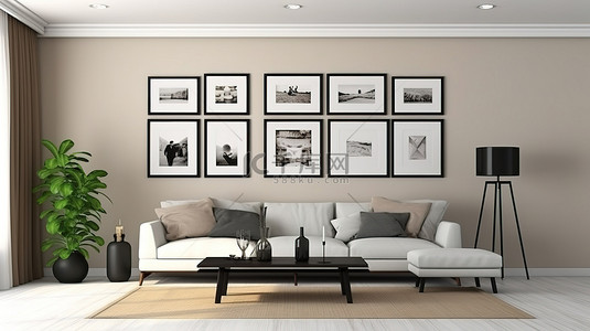 客厅或休息室内照明墙壁和相框的室内设计 3D 渲染