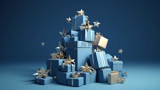 圣诞横幅模板闪亮的星星和一堆礼物在蓝色背景上的 3d 渲染