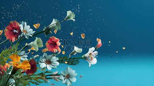 蓝色背景与 3D 渲染的花朵轻轻下降