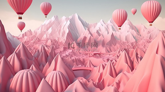 情人节概念多边形山脉和粉红色气球在 3D 抽象背景中渲染